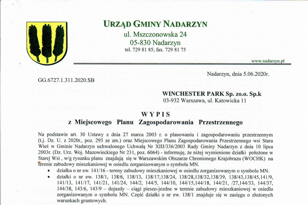 Zapraszamy do zapoznania się z wypisem z planu zagospodarowania 